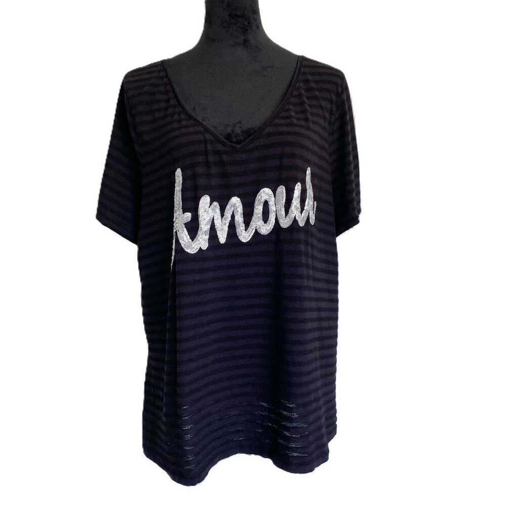 Lane Bryant SZ 18/20 Black Striped Tee with Sequined Script